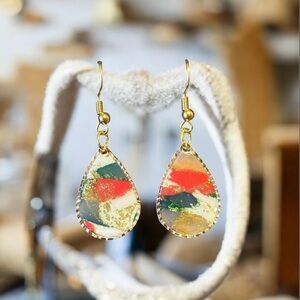 Perfectly imperfect by Heather. Green, Gold and Red translucent Earrings